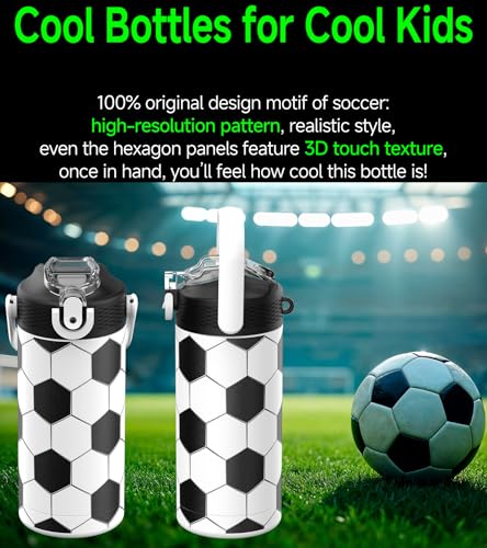 MYFOREST 14oz/400ml Insulated Kids Water Bottle, Odor-free Liner, 3D Touch | No Plastic Taste, Surgical Steel - No Chemical Leaching, Name Spot, Soft Sipper, Gift for Sports Fan, Soccer - color: Soccer