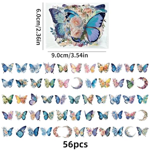 56PCS Butterfly Stickers Aesthetic PET Transparent Stickers Blue Flower Butterfly Decals Waterproof Decorative Decals for Scrapbook Journal Planner Water Bottles Phone Cases Laptops - color: Butterfly