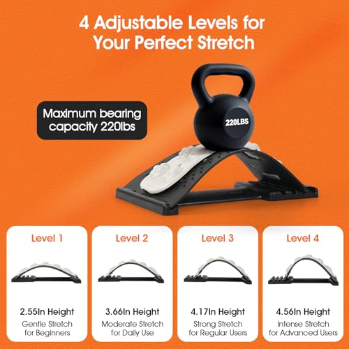 Premium Back Stretcher for Lower Back Pain Relief – 4-Level Adjustable Lumbar Support Board with Soft EVA Massage Strip – Durable & Portable Back Cracker to Release Tension and Reset Your Day (Black) - color: Black