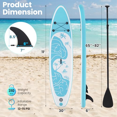 KOTEK 10FT/11FT Inflatable Paddle Board, SUP Paddleboard with Hand Pump, Safety Leash, Repair Kit, Carry Bag, Non-Slip EVA Deck, Stand Up Paddle Board for Youth & Adults - size: 11 FT, style: Light Blue Wave