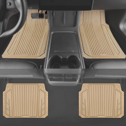 CAR PASS Heavy Duty Sporty Rubber Car Mats, Deep Dish All Weather Car Floor Mats Full Set, Waterproof Anti-Slip Automotive Matts Rugs Trim to Fit for Most Sedans SUVs, 4-Piece All Beige - color: beige