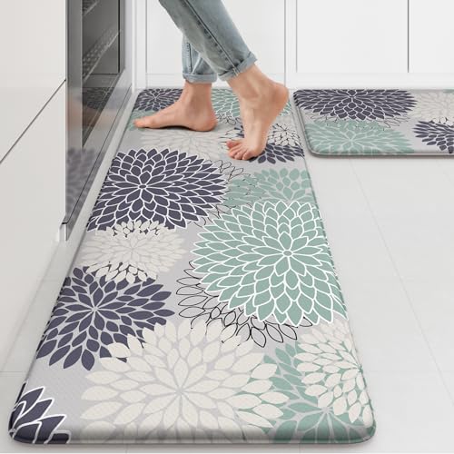 Anti Fatigue Kitchen Mat 2PCS,Boho Dahlia Floral Kitchen Rugs Non Slip Rubber Backing,Waterproof Farmhouse Kitchen Mat for Floor,Cushioned Standing Mat for Office,Laundry,Sink,Desk,Multi Cyan - color: Bluish Blue, size: 17.3" x 47 "+ 17.3" x 29 "--0.47 in