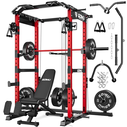 RH01 Power Cage Rack, 2000LBS Squat Rack with with Cable Crossover System&LAT Pull Down System, Multi-Function Workout Cage for Home&Garage Gym - color: Red, size: RH01 Power Cage with 340LB Weights