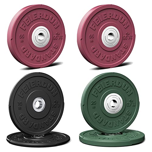 FEIERDUN Color Bumper Plate Set, 2-Inch Olympic Weight Plates, Low Bounce Rubber Barbell Plates with Stainless Steel Insert for Weightlifting, Strength Training, CrossFit & Home Gym, 10LB-370LB - style: L) 180LBS SET
