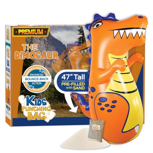INFLATABLE DUDES Dinosaurs -Kids Punching Bag | Sand-Base | Bop Bag, Pre-filled with Sand, Inflatable Toy, Punching Bag for Kids, Enhanced Bounce-Back Action, Indoor/Outdoor - color: Orange T-Rex | Pre-filled with Sand