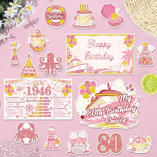 Wxiben Cruise Door Decorations Magnetic - 16 Pcs Rose Gold 80th Birthday Cruise Door Magnets with 3 Pens Back in 1946 Carnival Cruise Ship Door Decoration Stickers Decals for Party Cabin Fridge Decor - style: Rose Gold 80th Birthday