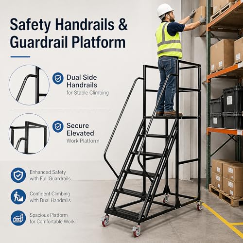 6 Step Rolling Ladder with Handrails, 1100 lbs Capacity Heavy Duty Mobile Warehouse Ladder with Wheels, Industrial Steel Non-Slip Rolling Stairs with Large Platform, for Garage Stockroom Library - color: Black, size: 6 Step