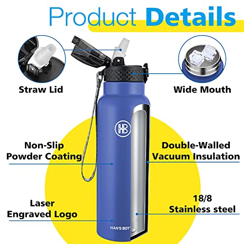Han's Bottle Sports Water Bottle - 24 Oz, Straw Lid, Leak Proof, Vacuum Insulated Stainless Steel, Double Walled, Thermo Mug,Navy Blue - color: Navy Blue, size: 24 Ounces