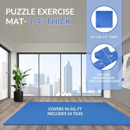 Fitvids Puzzle Exercise Gym Flooring Mat, 3/4" Thick High-Density EVA Interlocking Tiles, Workout Mat for Home Gym, Fitness Equipment, MMA, Gymnastics, 24-Piece Shock-Absorbing Exercise Mat (96 Sq Ft) - color: Navy, style: 3/4" Thick, 24 Tiles (96 Sq Ft)