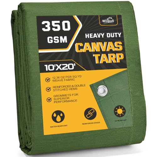Winpull Heavy Duty Canvas Tarp 10x20 ft, 12oz (350 GSM) Cotton Canvas Water-Resistant Tarp with Rustproof Grommets, Tear-Resistant Outdoor Cover for Wood Piles, Camping, Trailer & Equipment - color: Green, size: 10'x20'