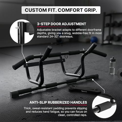 DMoose Fitness Pull Up Bar for Doorway - Upto 250 Lbs Capacity, No Screwing or Slipping, Hanging Pullup & Chin Up Bar for Door Frame - Multi Padded Grips for Strength Training with Installation Guide - color: Bombshell