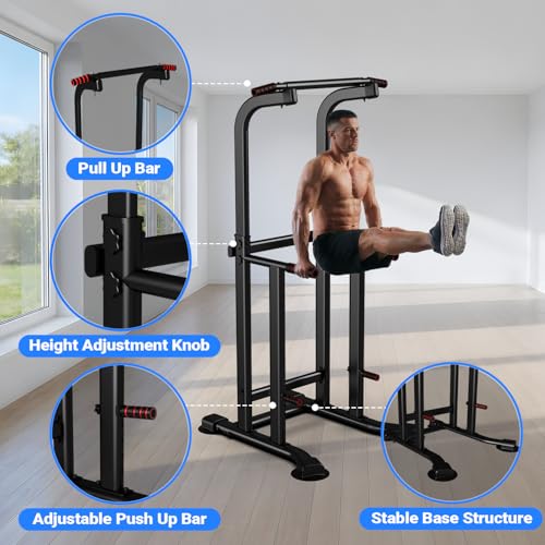 YYJO Foldable Pull Up Bar Free Standing Multi-function Power Tower Dip Bar with Assistance Bands Home Gym Strength Training Equipment - color: Black&Red 011