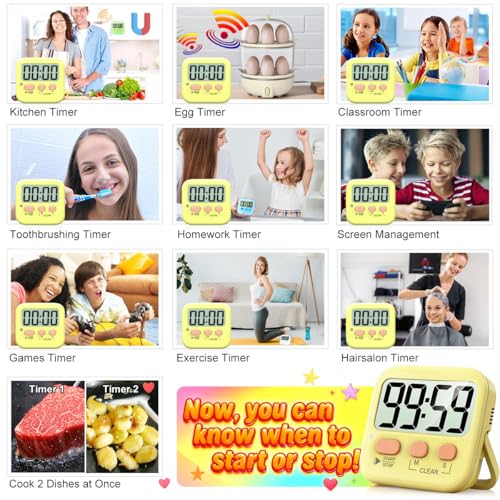 Antonki 2 Pack Digital Timer for Kids, Magnetic Countdown Kitchen Timers for Cooking, Egg, Classroom, Teacher, Exercise, Study, Oven - Battery Included - color: Yellow