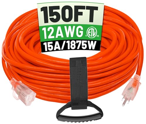POWGRN 150 ft 12/3 Outdoor Extension Cord Waterproof Heavy Duty with Lighted Indicator End 12 Gauge 3 Prong, Flexible Cold-Resistant Long Power Cord Outside, 15Amp 1875W SJTW Orange ETL Listed - color: Orange, size: 150 FT
