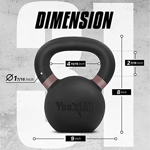 Yes4All Powder Coated Kettlebell, Cast Iron Core Kettlebells with Non-Slip Handle & Flat Bottom for Conditioning, Heavy Duty for Strength Training, 9lb to 71lb - Single & Pair - color: Brown, style: A. Single
