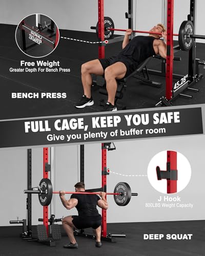 RH01 Power Cage Rack, 2000LBS Squat Rack with with Cable Crossover System&LAT Pull Down System, Multi-Function Workout Cage for Home&Garage Gym - color: Red-SE, size: RH01 Power Cage