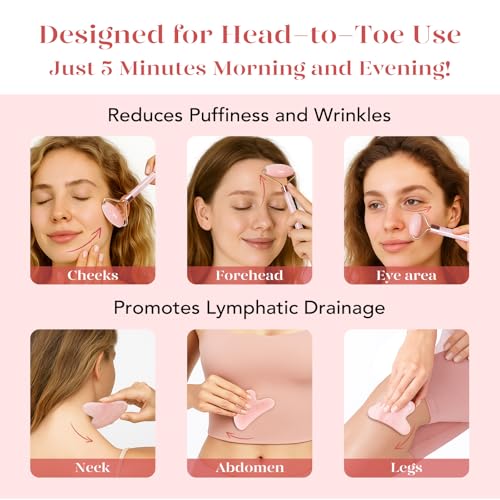 BAIMEI IcyMe Rose Quartz Roller & Gua Sha Set, Cooling Face Roller for Depuffing & Lymphatic Massage, Sculpting Tool for Face, Eyes & Neck, Smooth Skincare Gift for Women and Men - color: Pink