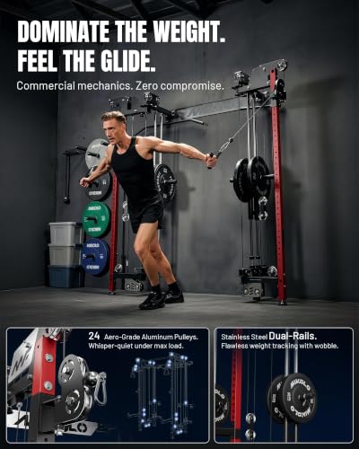 Mikolo Folding Squat Rack, Wall Mounted Power Rack with Cable Crossover Machine & LAT Pull Down, Functional Trainer with 5 Adjustable Function Modes, Home Gym Package - color: Red, size: WR02 Pro-Forge (Rack Only)