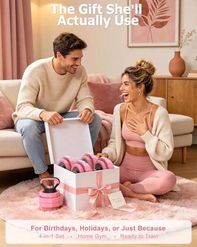 Rendpas 4-in-1 Adjustable Dumbbell Set with Foldable Weight Bench, Convert to Barbell Kettlebell Push-Up Stand, 800LBS Bench 10 Angles Incline Decline Flat, Home Gym Weight Set - color: Pink, size: 45LB Dummbell Set & Adjustable Bench