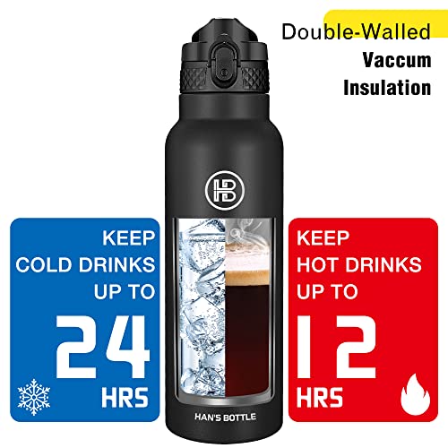 Han's Bottle Sports Water Bottle - 24 Oz, Straw Lid, Leak Proof, Vacuum Insulated Stainless Steel, Double Walled, Thermo Mug,Black - color: Balck, size: 24 Ounces