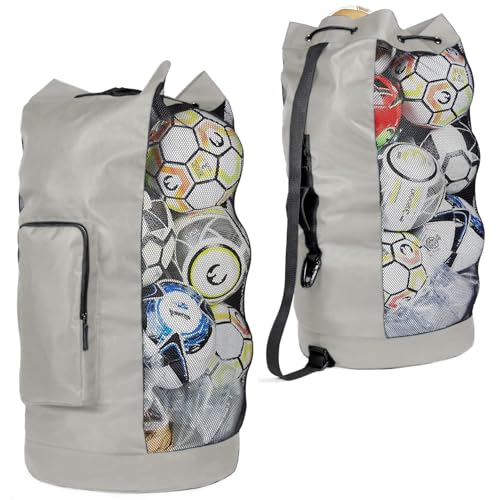 Fitdom Heavy Duty XL Soccer Mesh Equipment Ball Bag w/Adjustable Shoulder Strap Design for Coach. with an Over-Sized Front Pocket for Sporting Accessories. Best for All Outdoor & Water Gears - color: Grey / Black