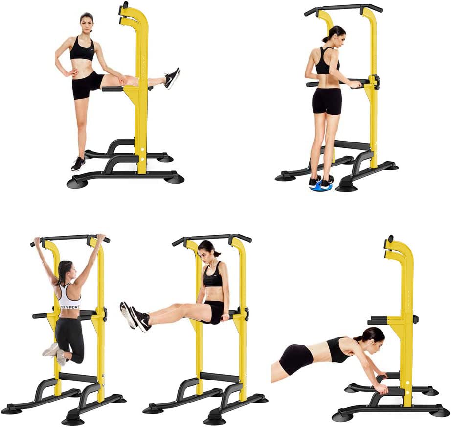 SogesHome Power Tower Pull Up Bar and Dip Station, Height Adjustable Dip Stand Exercise Machine for Home Gym, Multi-Functional Free Standing Strength Training Fitness Workout Station - color: Yellow