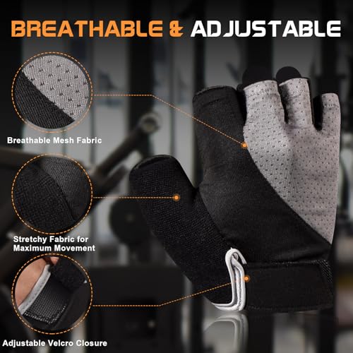 sunnex Workout Gloves for Women - Breathable Weight Lifting Gloves with Non-Slip Silicone Padding, Fingerless Gym Gloves for Cycling, Rowing, Pull Ups & Training (4 Sizes) - color: JS-GREY, size: Large