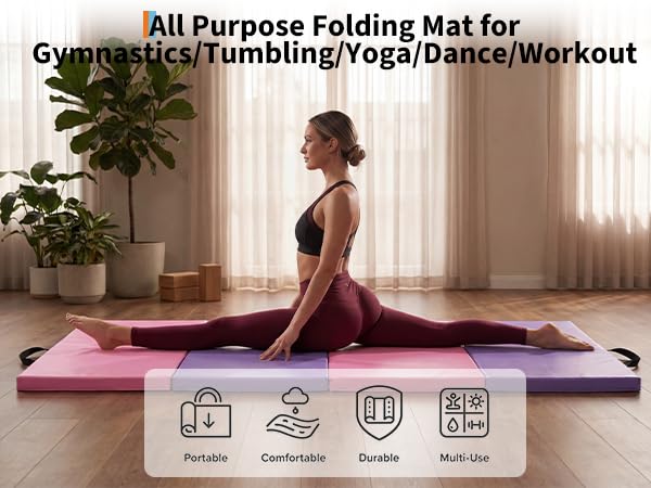 Gymnastics Mat, 6 x 2 Ft Four-Fold 2-Inch thick Tumbling Mat with Vinyl Surface and Carry Handles for Exercise, Yoga, Pilates, Martial Arts & Home Gym