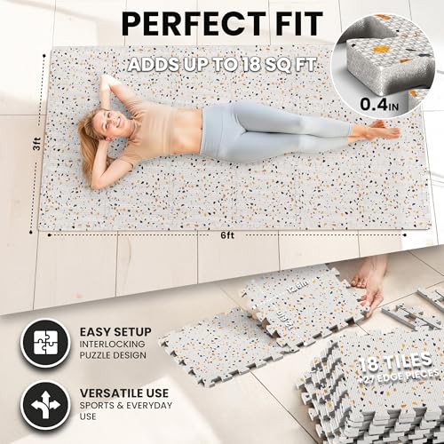 bemaxx Gym Mats Set - 18 pcs EVA Interlocking Foam Floor Tiles (12.6"x12.6"x0.4") 18sqft Protective Gym Flooring Sports Home Workout Exercise Mats Puzzle Garage Fitness Play-Room Pool Treadmill Bike - color: Terrazzo, size: 18 Tiles | 18 sq ft