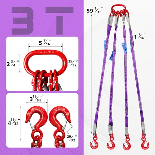 Four Leg Bridle Web Sling 5ft 6600lbs Lifting Slings with G80 Alloy Steel Grab Hooks and Adjuster Polyester Webbing Purple Rigging Straps for Safe Towing and Handling of Cargo - size: 6600 lb / 5 ft