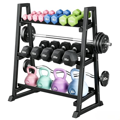 Dumbbell Rack, 3 Tiers Weight Rack for Home Gym, Trapezoidal-Frame & h-Frame Weight Stand for Dumbbells Kettlebells & Weight Plates, 1300LBS Capacity - size: 34.44 x 18.7 x 37.09 Inch