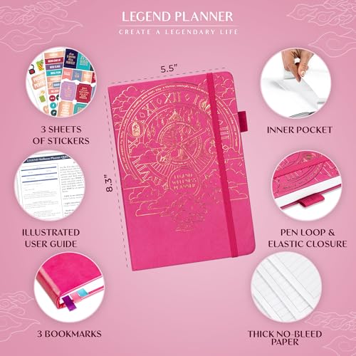 Legend Wellness Planner & Food Journal – Daily Diet & Health Journal with Weight Loss, Measurement & Exercise Trackers – Lifestyle & Nutrition Diary – Lasts 6 Months, A5 size – Hot Pink - color: Hot Pink Gold Foil, size: A5 (5.8” x 8.3”)