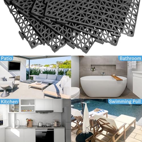 12” x 12” Drainage Interlocking Floor Tiles, 12 Pack Non-Slip Pool Deck Drain Mats for Flooring, Soft PVC Splicing Modular Cushion Mats, Rubber Floor Tiles with Holes for Shower Basement Garage Shed - size: Black