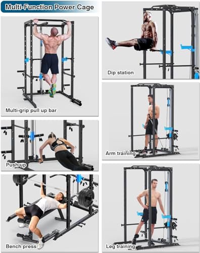 ULTRA FUEGO Power Cage, Multi-Functional Power Rack with J-Hooks, Dip Handles, Landmine Attachment and Optional Cable Pulley System for Home Gym - size: 240LB Weights Package