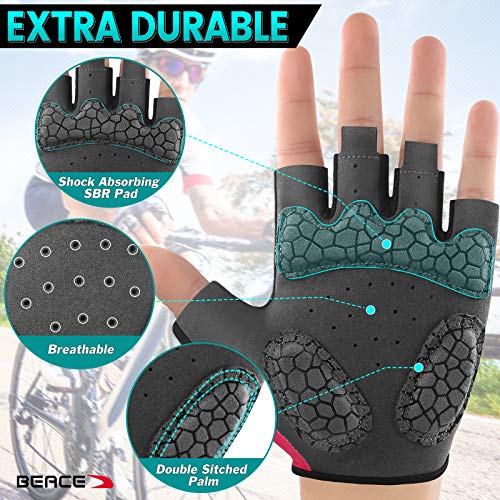BEACE Gloves for Cycling Bike Biking Half Finger Road Bicycle for Men and Women-5MM Breathable Anti-Slip Shock-Absorbing Pad Gym Motorcycle Light Weight Mountain Bike Gloves - color: Rose Red, size: Medium