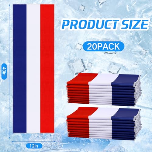 Coume 20 Pcs 4th of July Cooling Towel Bulk for Neck Face 40 x 12 Inch Double Layer Microfiber Soft Breathable Sport Red White Blue Towel for 250th Anniversary Patriotic Decor, Moisture Wicking Cold