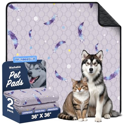 Washable Dog Pee Pads, Non-Slip Waterproof, 36 x 36 in, 2 Pack, Feather | Super absorbent, waterproof and non-slip; washable, reusable dog pads for crates, playpens, floors, furniture and travel - color: Feather Pattern, size: 36"x36"(Pack of 2)