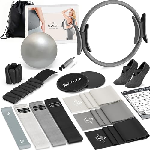 NANATI Pilates Kit, Home Pilates Workout Kit for Women, Pilates Equipment with 14.5" Pilates Ring and Ball, Resistance Bands, Ankle Weights, Sliders & Grip Socks for Home Workouts - color: Grey