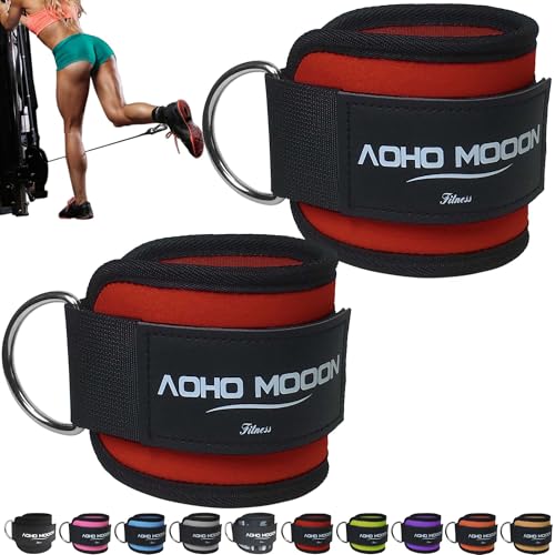 AOHO MOOON Ankle Strap (2 Pieces) for Cable Machine Women - Gym Workout Leg Strap, Premium Padding Ankle Cuffs, Glute Kickback Exercises Equipment, Pulley Attachment, One Size Fit All - color: Red