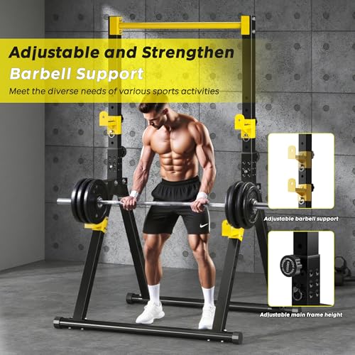 SogesHome Foldable Power Tower Dip Stand Pull Up Bar for Home Gym Exercise | Height Adjustable Multifunction Fitness Workout Station with Triangular Stability Design for Strength Training, Space Saving - color: Black Yellow