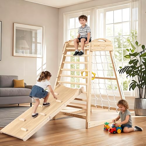 Indoor Jungle Gym, Wooden Indoor Playground, (7 in 1) Toddler Climbing Toys, Gym with Slide, Climbing Net, Swing, Gymnastics Ring