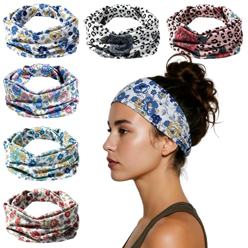 HSEM Boho Headbands for Women 6-Pack – Non-Slip Wide Head Bands, Thick Elastic Hair Bands – Large Knotted Soft Stretchy Sweatbands for Running, Yoga, Makeup, Washing Face, Spa & Workout - color: X-Colorful-2-12