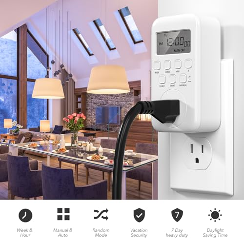 BN-LINK Digital Outlet Timer for Light, 7 Days Programmable Timer for Lamps | Single Plug In Timer for Electrical Outlets Indoor, 8 ON/OFF Programs, 3 Prong Grounded Oultet, Vacation Mode, ETL Listed - color: 3-prong Outlet(front)