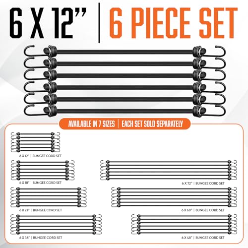 6 Piece Small Bungee Cords with Hooks 12 Inch - Heavy Duty Outdoor, UV & Weather Resistant Short Bungie Cords with Hooks - Mini Bungee Straps - size: 6x12" - 6 Piece 1 ft