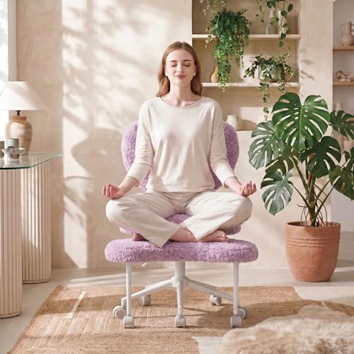 Cross Legged Office Chair with Wheels, 360 Swivel Height-Adjustable Meditation Chair with Lumbar Support, Artificial Rabbit Hair Fabric, Violet - color: Violet, size: Heart Back