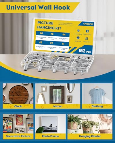 Uniclife 152 Pcs Heavy Duty Picture Hanging Kit,Picture Hanging Hook,Silver | Picture hangers,10-100 lb weight ratings, for drywall & wood, frame hooks for hanging photos mirrors paintings - size: 152 PCS, style: Silver