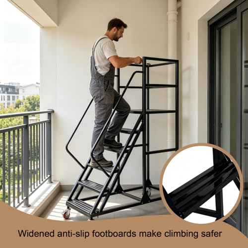 6 Step Rolling Warehouse Step Ladder, Industrial Mobile Staircase on Wheels, 1100Lbs Weight Capacity, Heavy Duty Mobile Platform Ladder with Handrails, Suitable for Warehouse, Library (Black, 6 steps) - color: Black