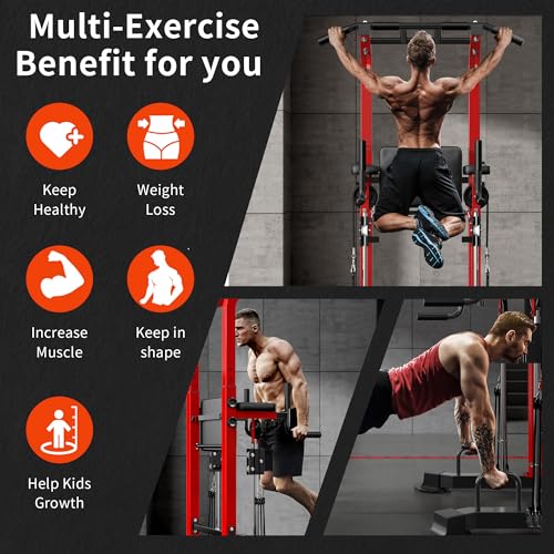 SogesHome Power Tower Pull Up Bar Station Height Adjustable Assistive Rack | Multi-Function Strength Training Equipment Full Body Workout Machine, Freestanding Push Up Dip Stand for Home Gym Exercise - color: Red