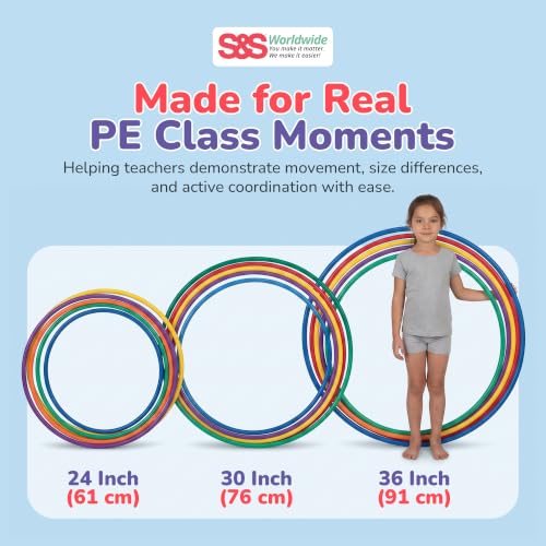 S&S Worldwide No-Knott Hula Hoops Set of 18 - Heavy Duty, No-Kink Hoop Rings for Gymnastics, Fitness, Exercise, Games, PE & More - Assorted Colors, 6 Each in 24", 30" & 36" Sizes