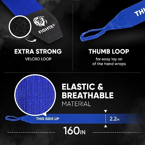 FIGHTR® Boxing Handwraps 160 inches semi-Elastic Hand Wraps with Thumb Loop for Boxing, MMA, Muay Thai & Martial Arts - color: Blue, size: pair of 160"